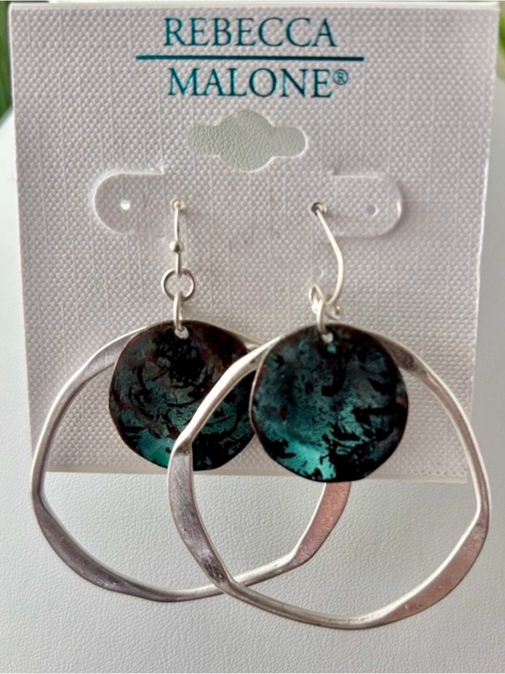 Rebecca Malone slight irregular shaped hoop w/circular teal patina disc dangle